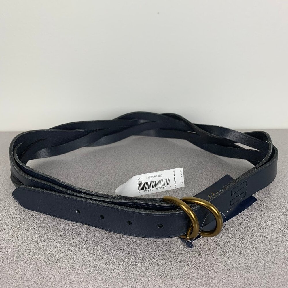 Ralph Lauren Navy Leather Double-Ring Belt with Brass Hardware